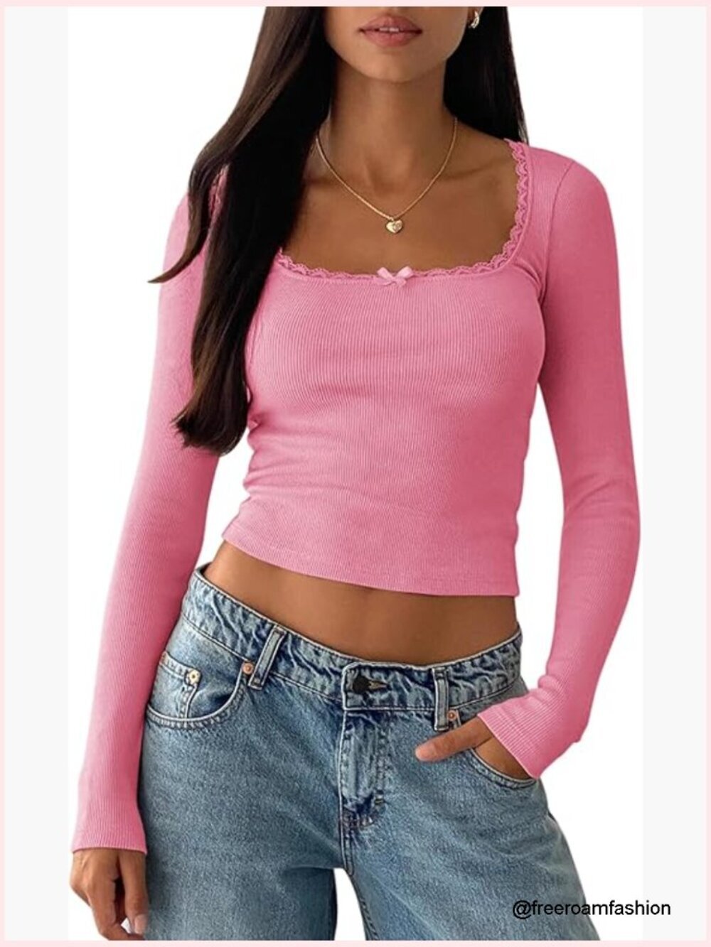 Long Sleeve Crop Top Ribbed Tee Square Neck Lace Trim Fitted Blouse